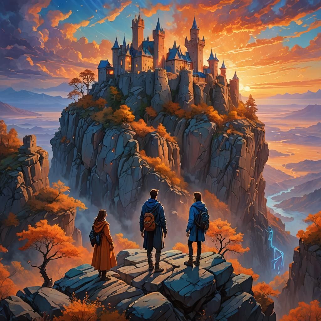 Majestic Sunset Couple in Fantasy Landscape