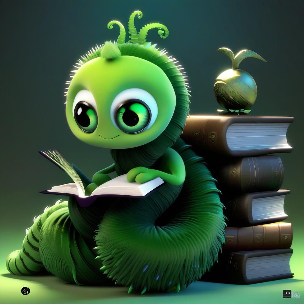 Adorable Plush Worm Reading Book in Whimsical Gothic Style