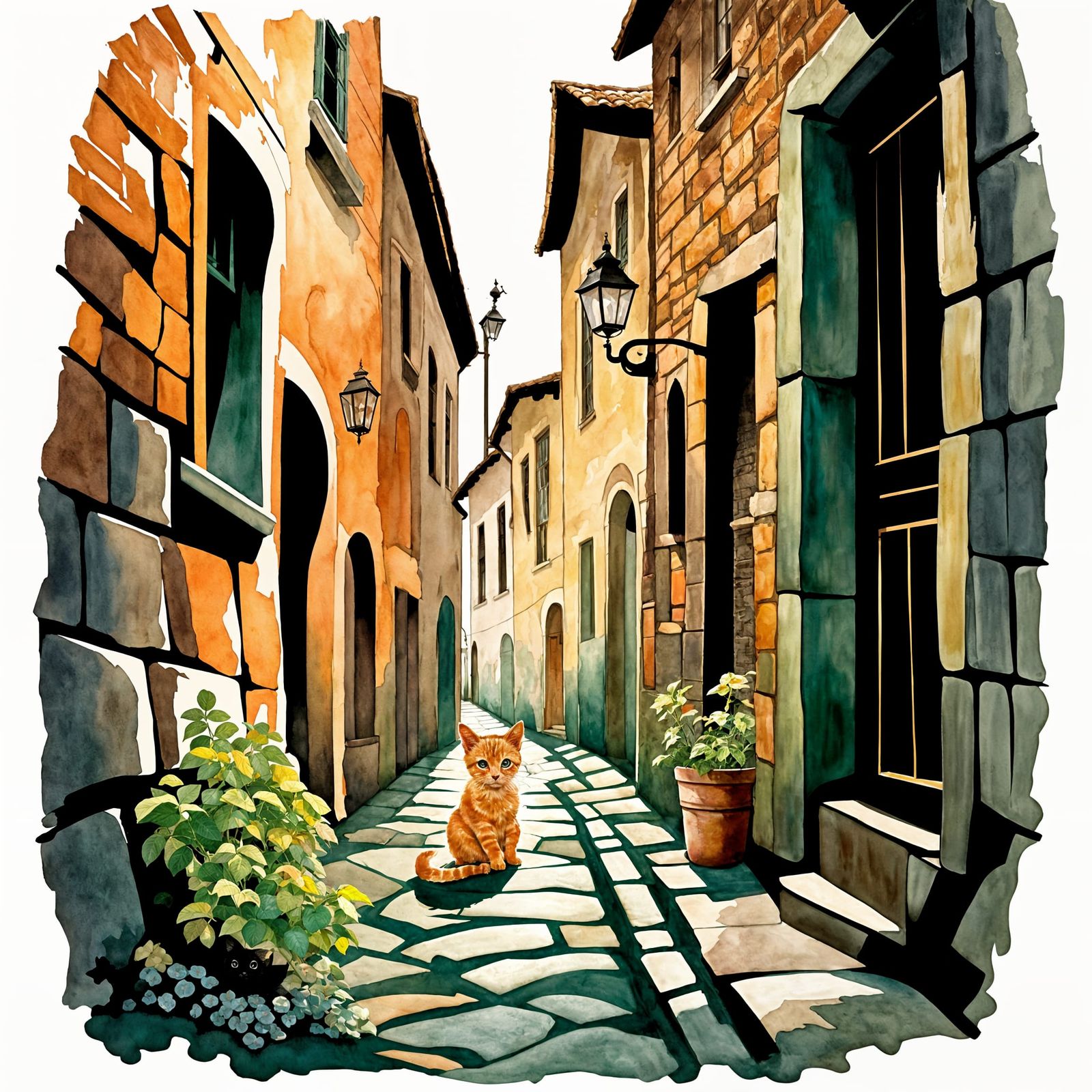 Vintage Storybook Kitten in a Lonely Alley