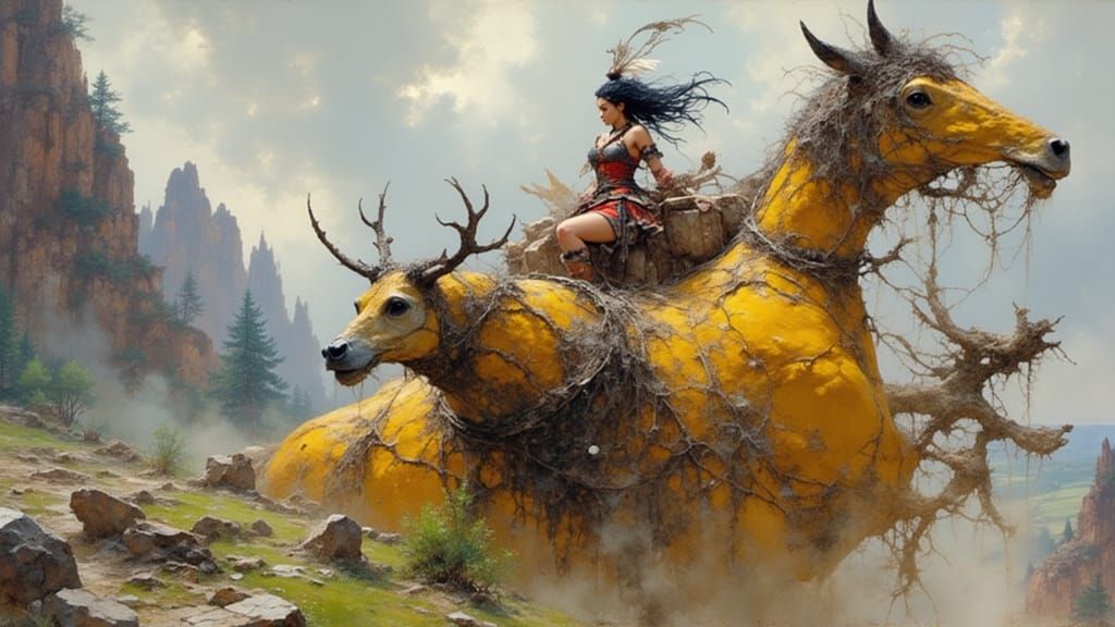 Tribal Woman Rides Elasmotherium in Fantasy Style