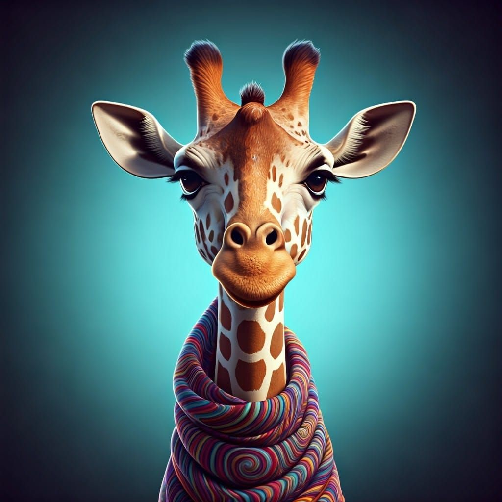 Giraffe in Vibrant Swirly Scarf against Gradient Blue Backgr...