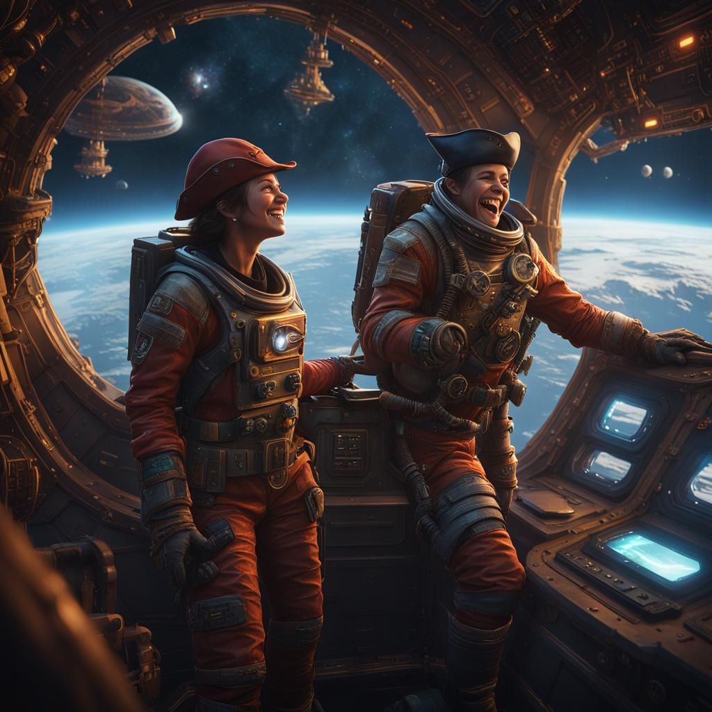 Girl in Spacesuit Laughs at Pirate: Fantasy Concept Art