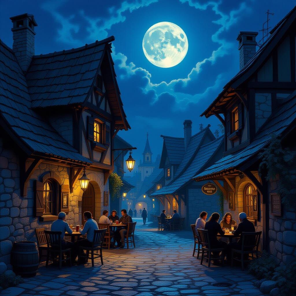 Medieval Tavern Alleyway Under Full Moon