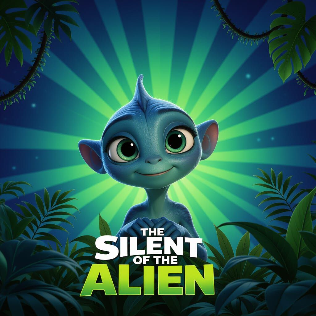 Friendly Alien Peeking from Jungle in Pixar Style