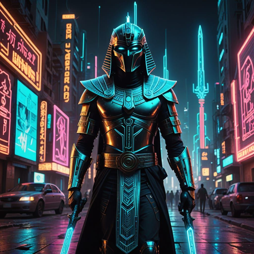 Egyptian Warrior in Neon Cyberpunk Cairo