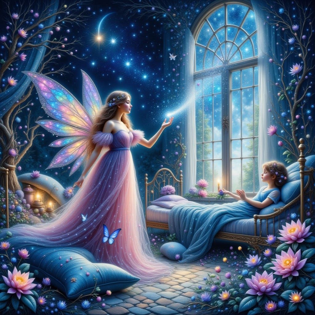 Night Fairy Sprinkles Dream Dust on Sleeping Children