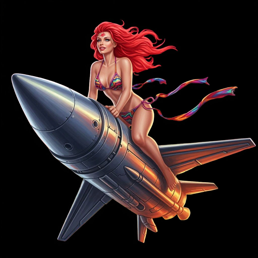 Woman Rides Nuclear Missile in Abstract Art Style
