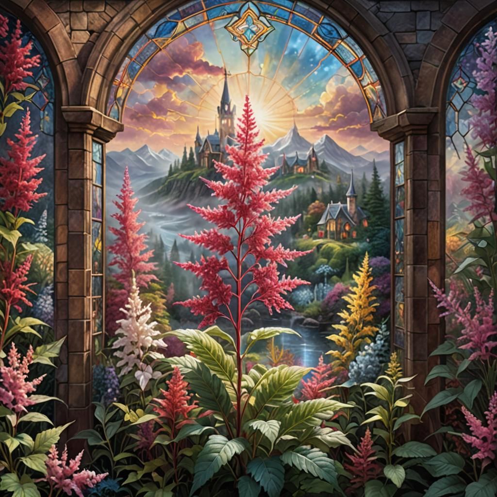 Astilbe Flower in Stained Glass, Digital Painting