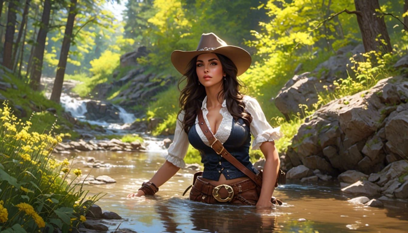 Brunette Cowgirl Washing Gold in Animated Style