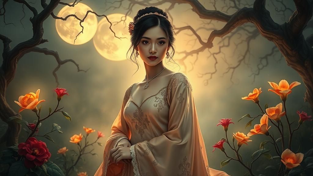 Ethereal Asian Woman in Moonlit Garden