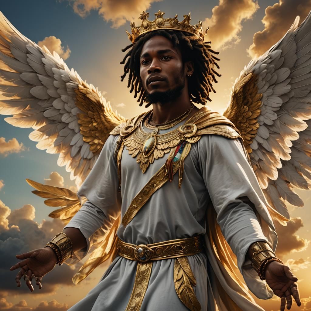 BLACK RASTA MAN AS AN ANGEL WITH A GOLDEN CROWN AND WINGS SP...