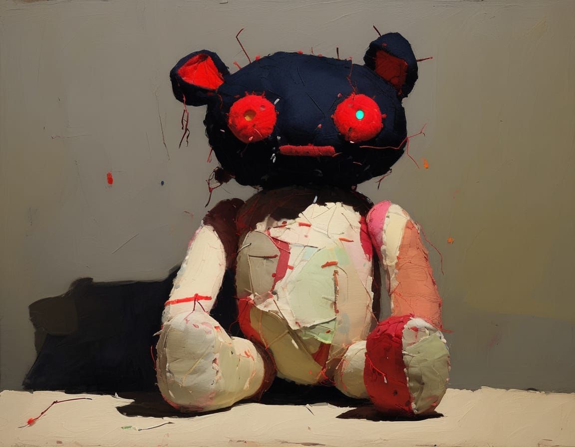 Eerie Oil Painting of a Plush Creature with Glowing Eyes