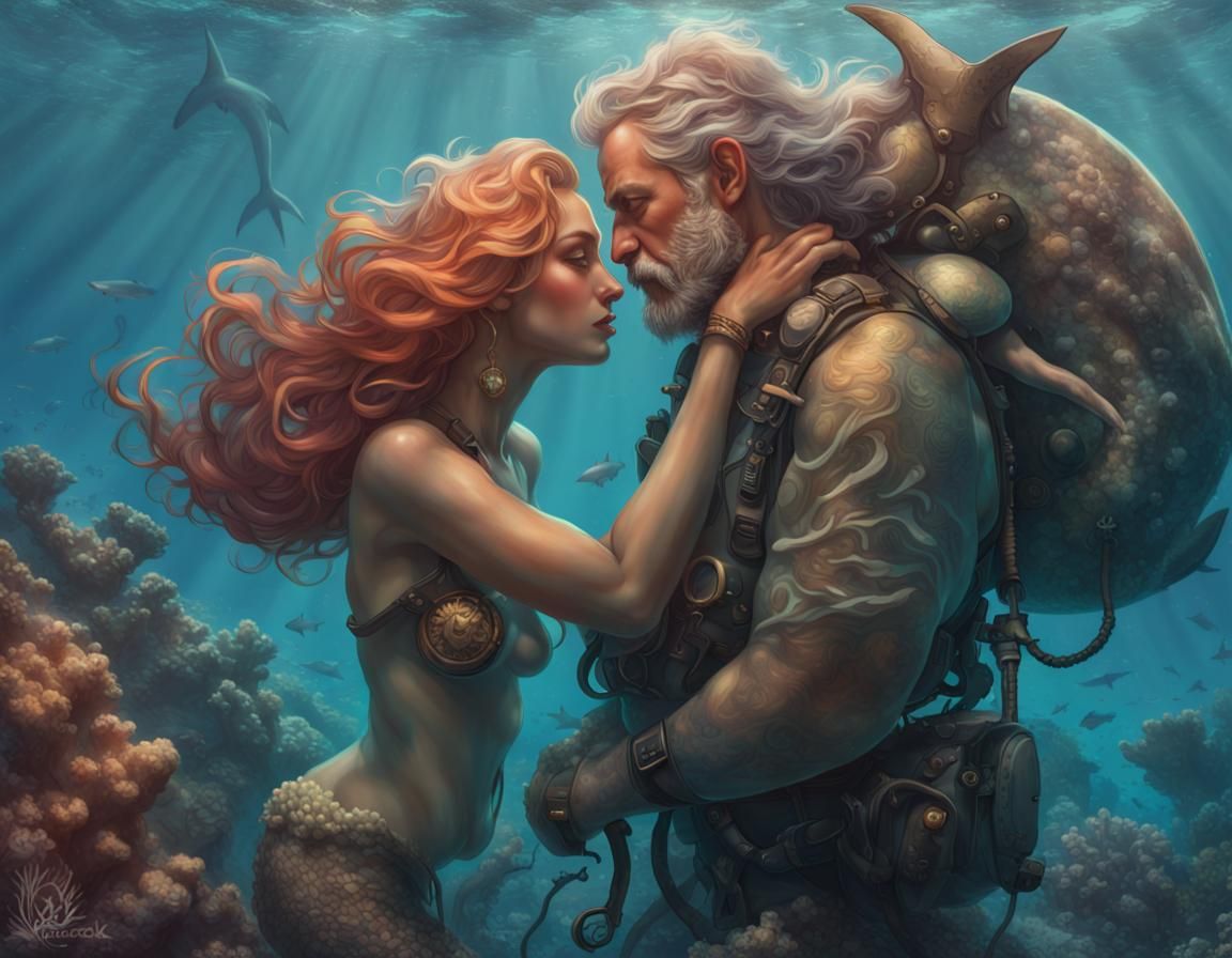 Diver and Mermaid Embrace, Hyperdetailed Concept Art