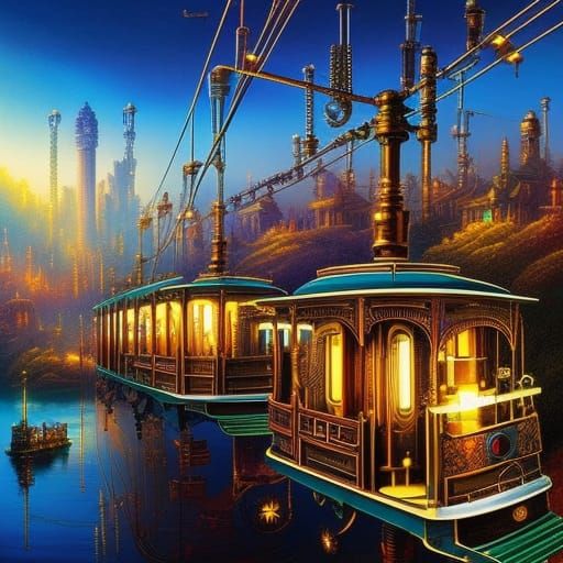 Steampunk Cable Car with Mechanical Details in Digital Art