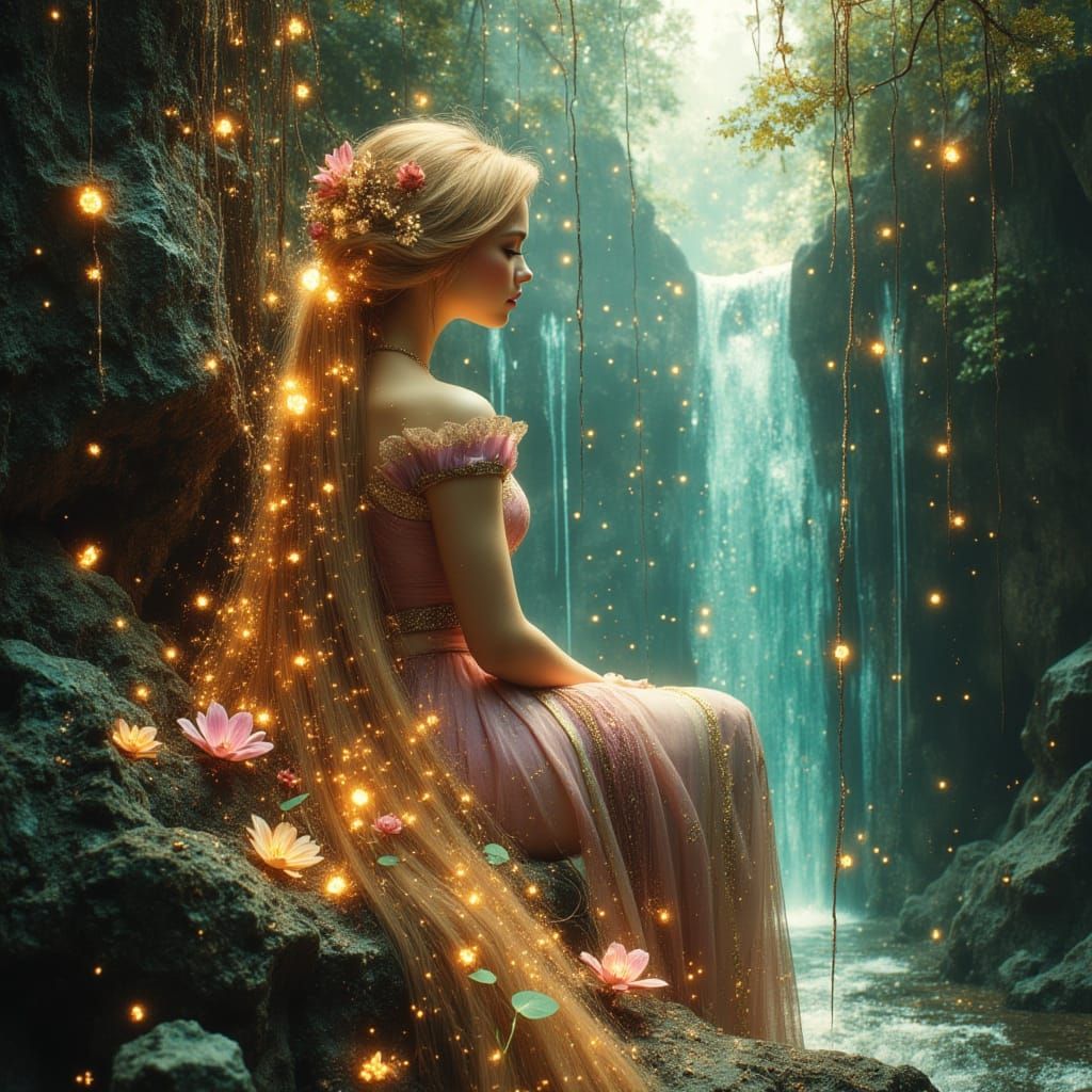 Rapunzel's Glowing Hair in a Surreal Fantasy Forest