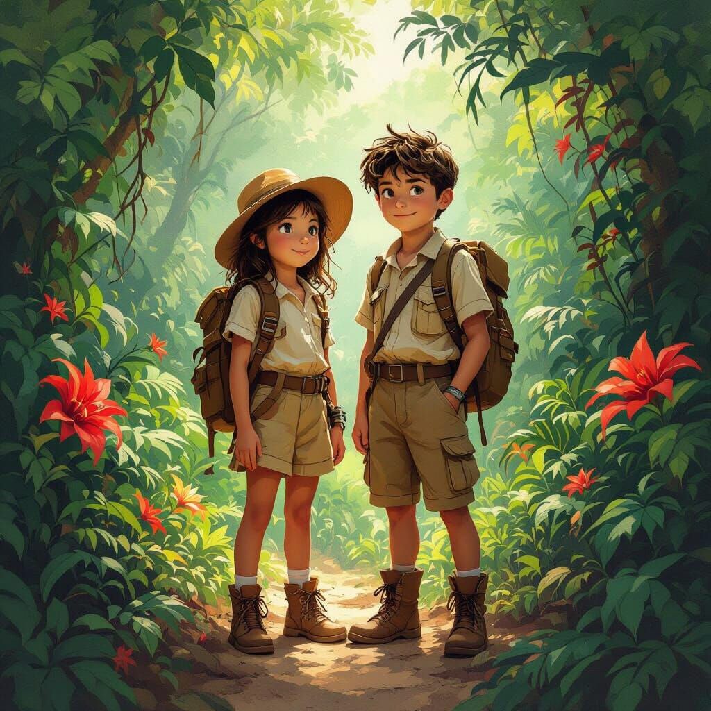 Explorer Siblings in Lush Jungle, Dynamic Brushstrokes