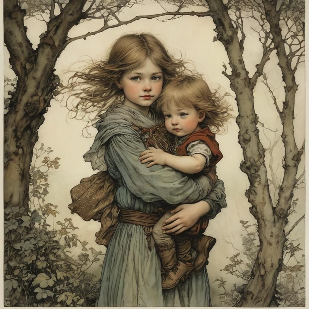 Enchanted Siblings Protected, in Fairy Tale Illustration Sty...