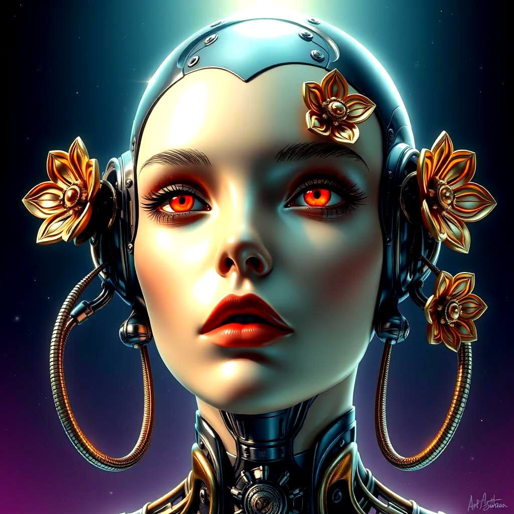 Retrofuturistic Robot with Metallic Flower Ornaments