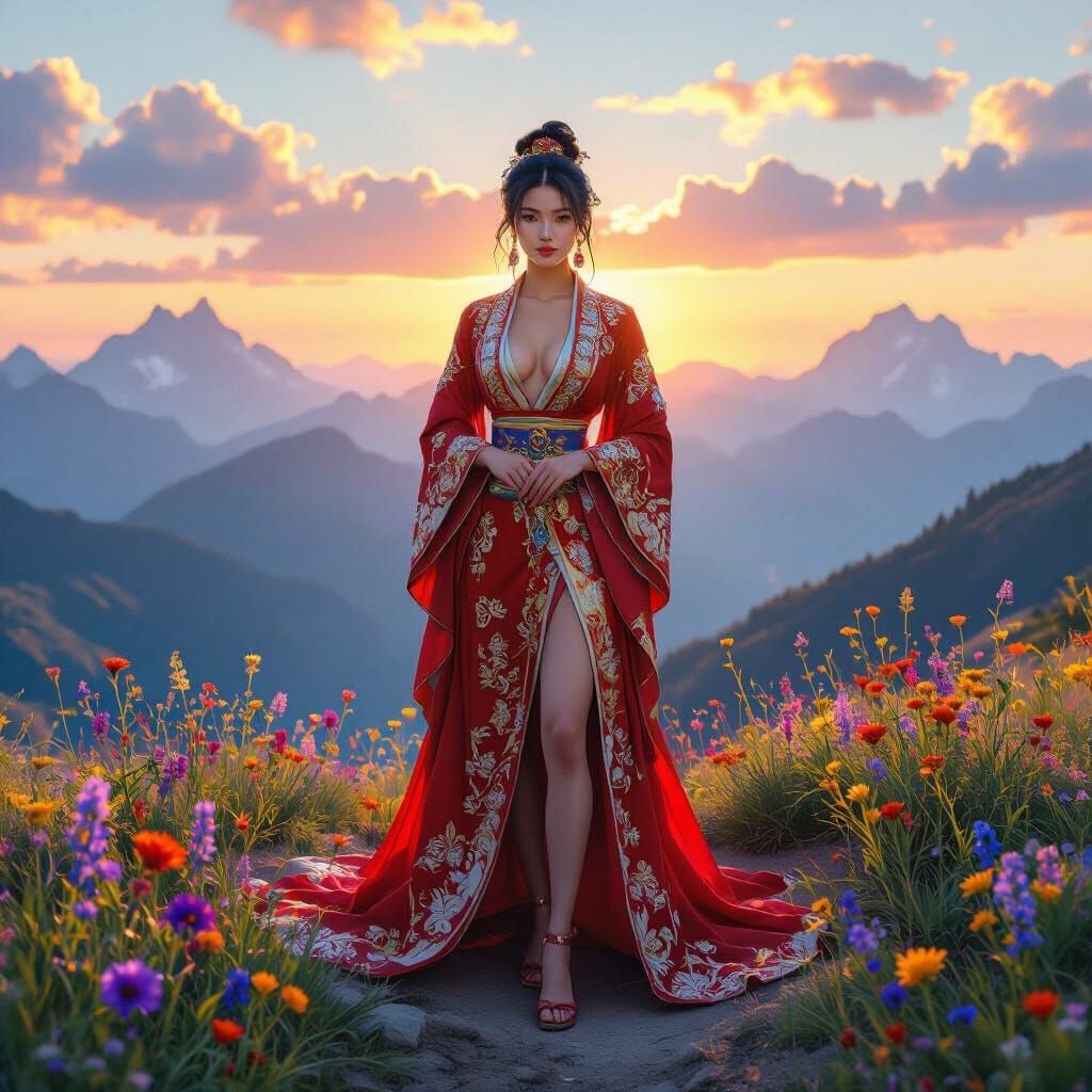 Asian Woman in Fantasy Robe at Mountain Summit