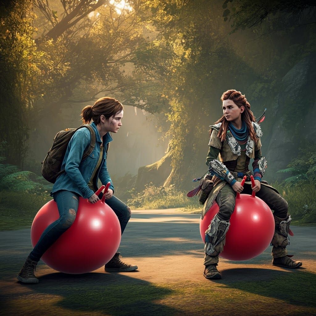 Aloy and Ellie Bouncing on Hippity Hops in Park