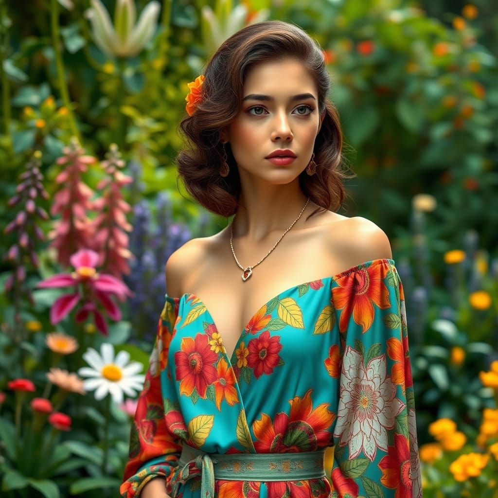 Elegant Woman in Lush Garden, Art Nouveau Style