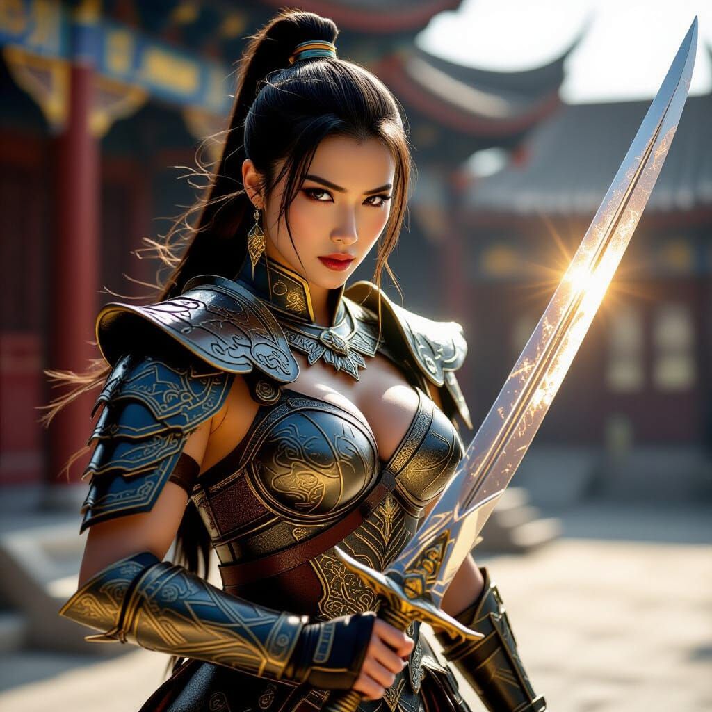 Fierce Warrior Woman with Glittering Spear in Sunlight