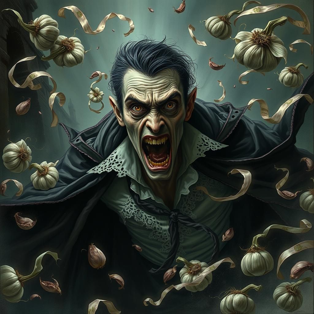 Frightened Vampire's Gothic Terror Amidst Garlic
