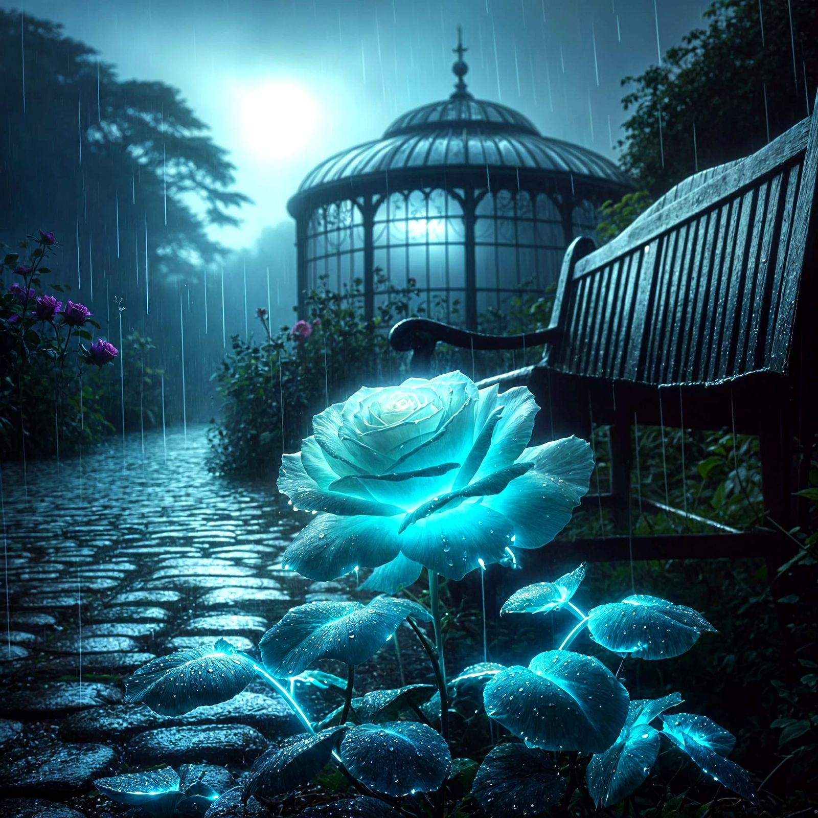 Glowing Bioluminescent Rose in Rainy Garden Scene