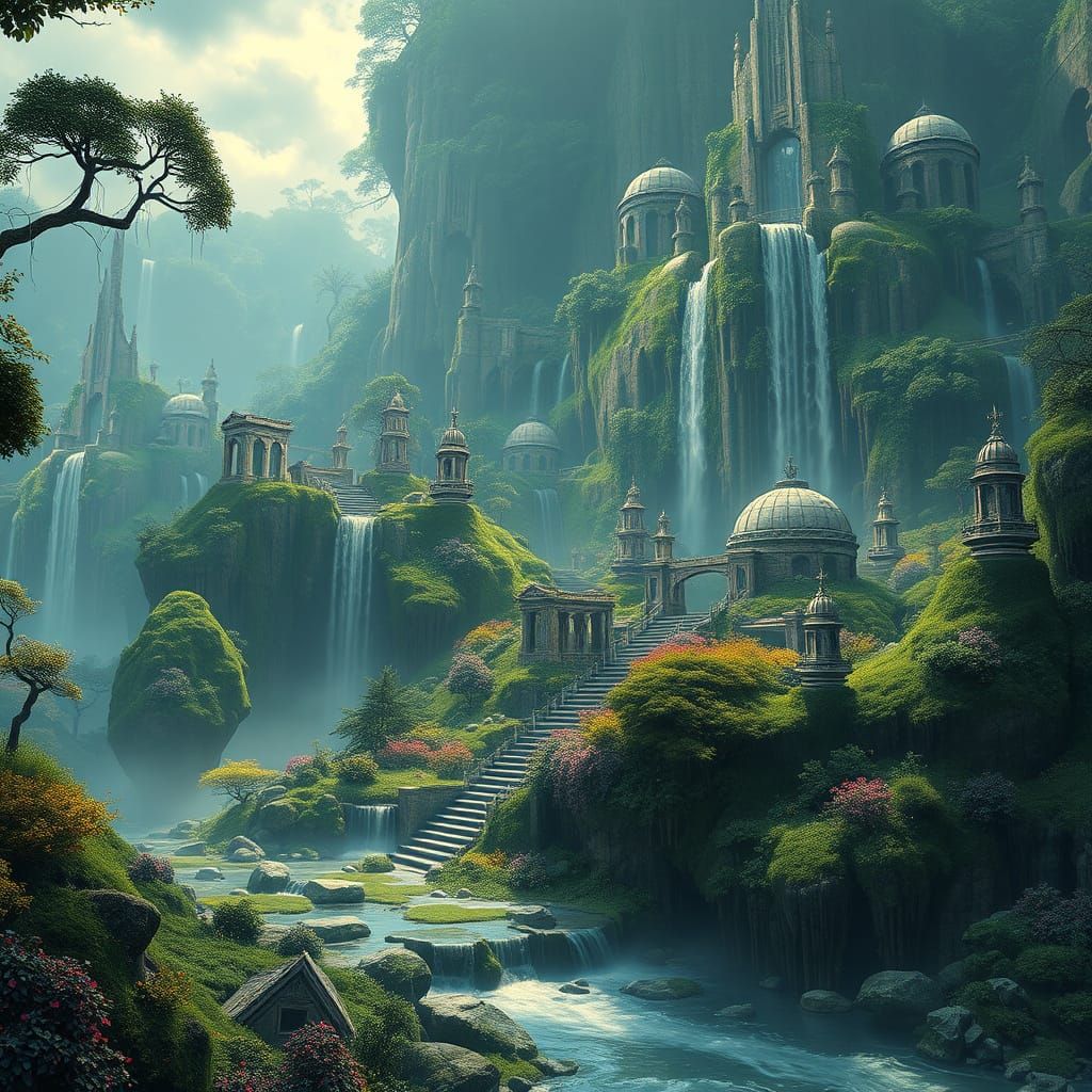 Lush Mystical Realm with Ancient Ruins in 3D