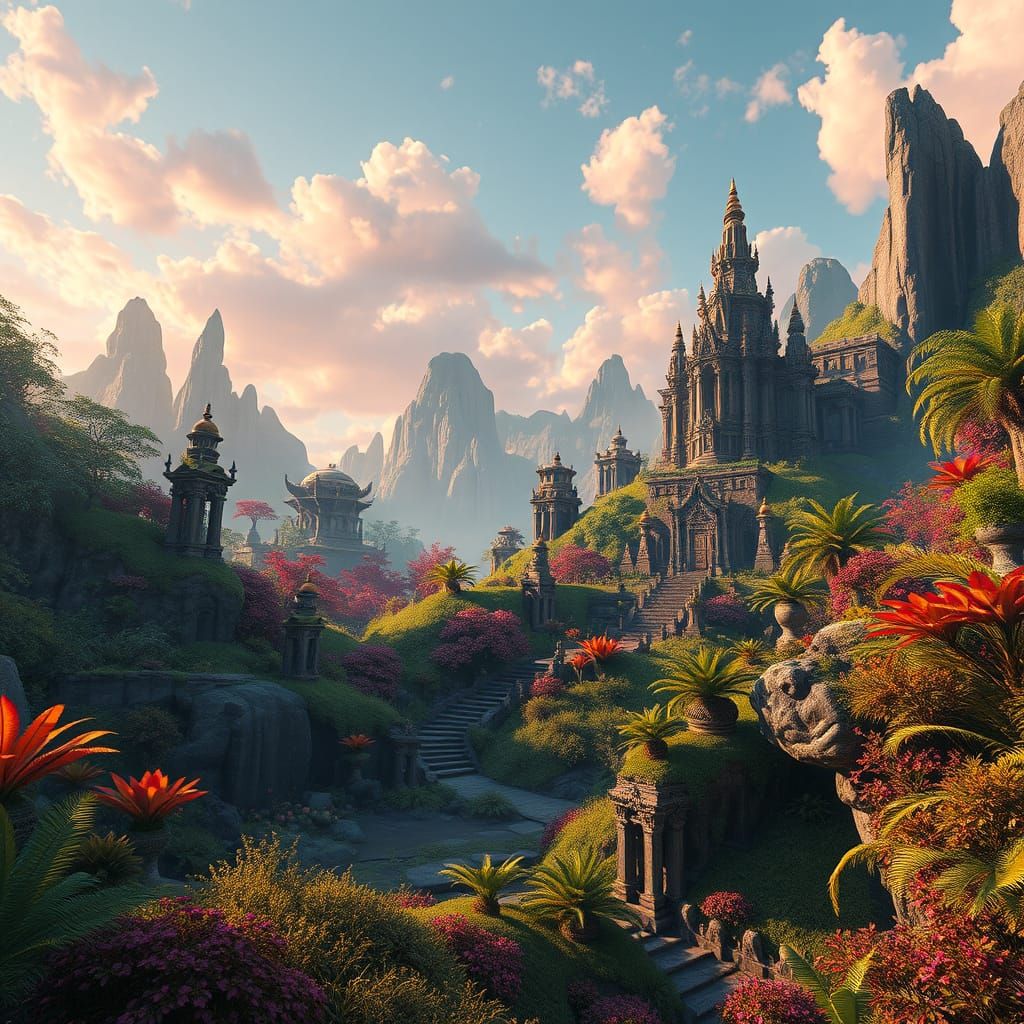 Mystical Realm: Lush Vegetation and Ancient Architecture