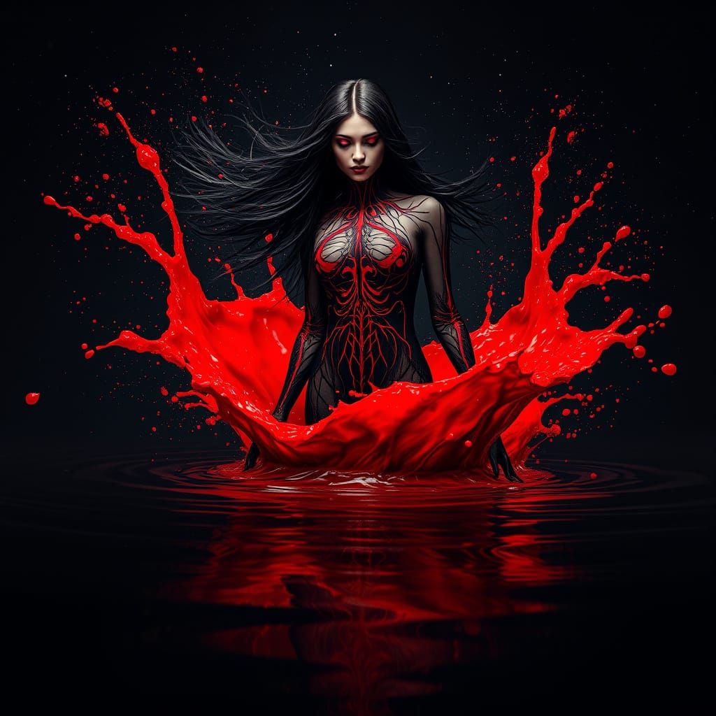 Hyperrealistic Woman Emerging from Red Splash