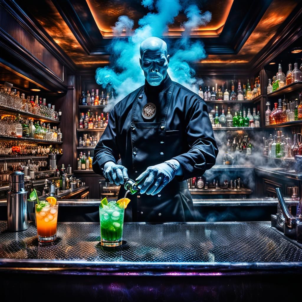 Ghost Bartenders Crafting Cocktails in Smokey Sci-Fi Bar