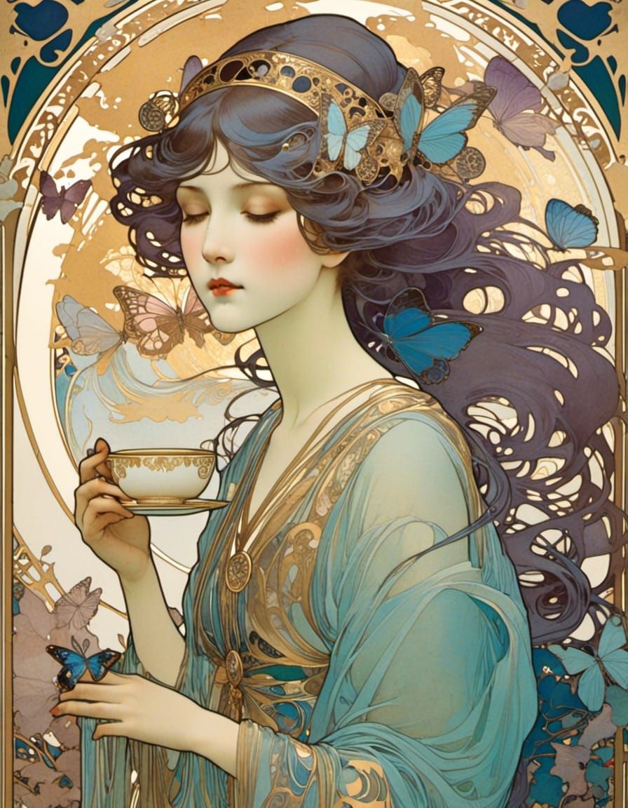 Art Nouveau Butterfly Near Coffee Steam