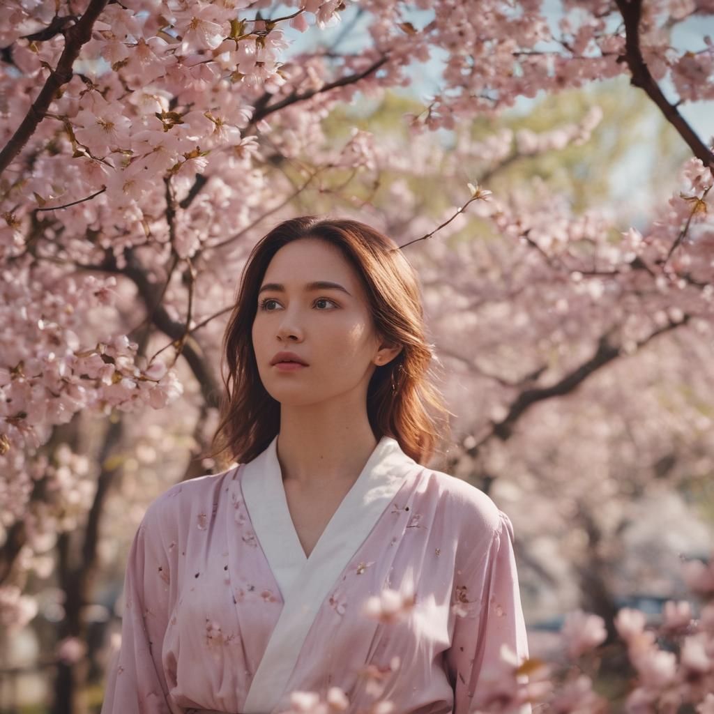 Beautiful Woman Under Cherry Blossoms: Cinematic Film Still