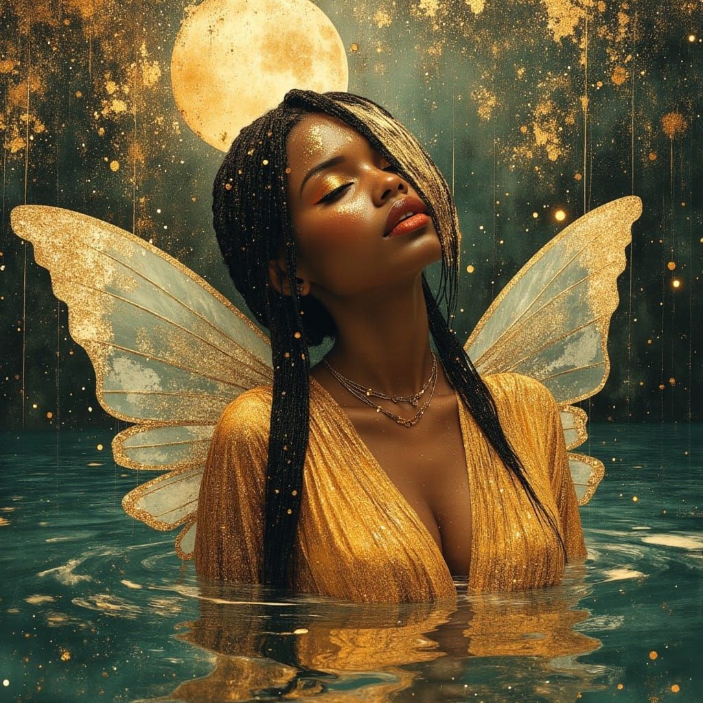 African Fairy Goddess Bathes in Moonlit Forest River