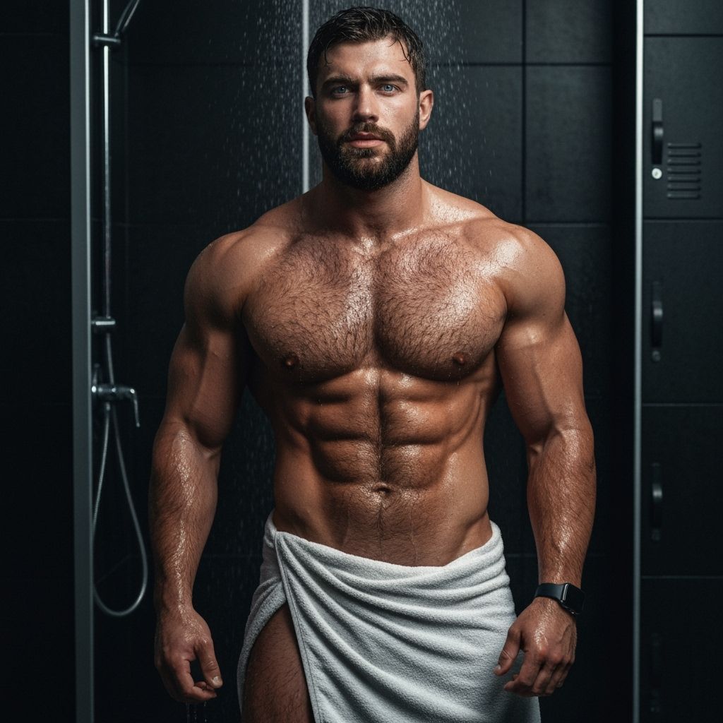 Muscular Man in Locker Room Shower - Photorealistic