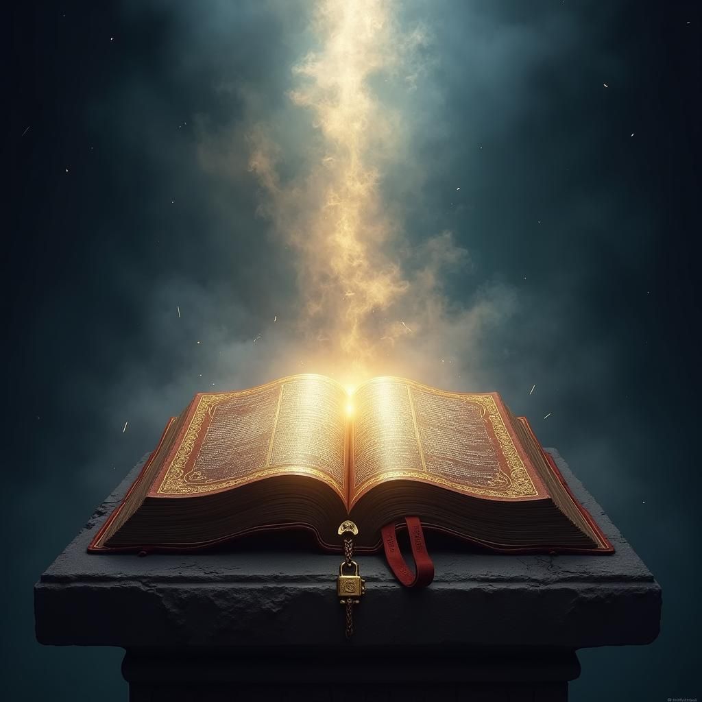 Glowing Bible on Stone Pedestal: Fantasy Concept Art