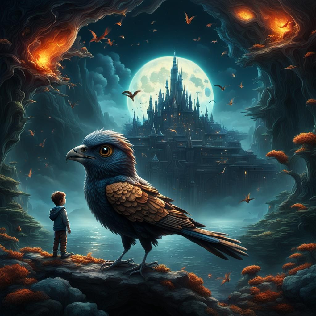 Fantasy Bird-Faced Child in Detailed Matte Painting