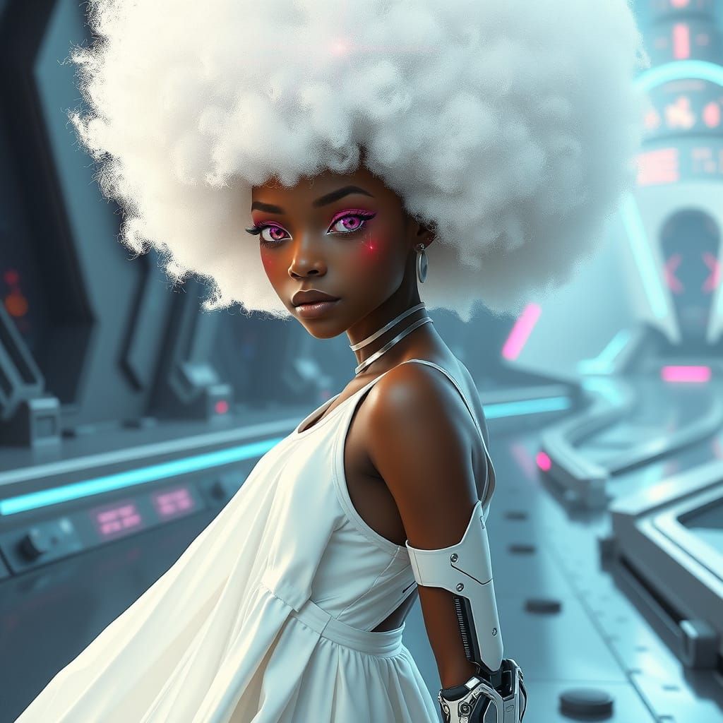 Albino Woman in Cyberpunk Setting as Digital Art