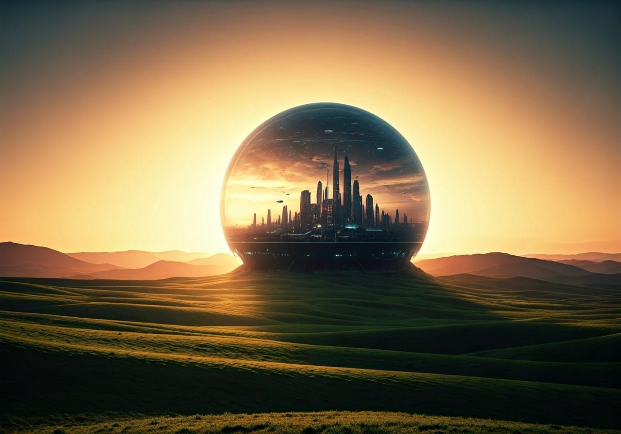Futuristic City Inside Colossal Dome at Sunset