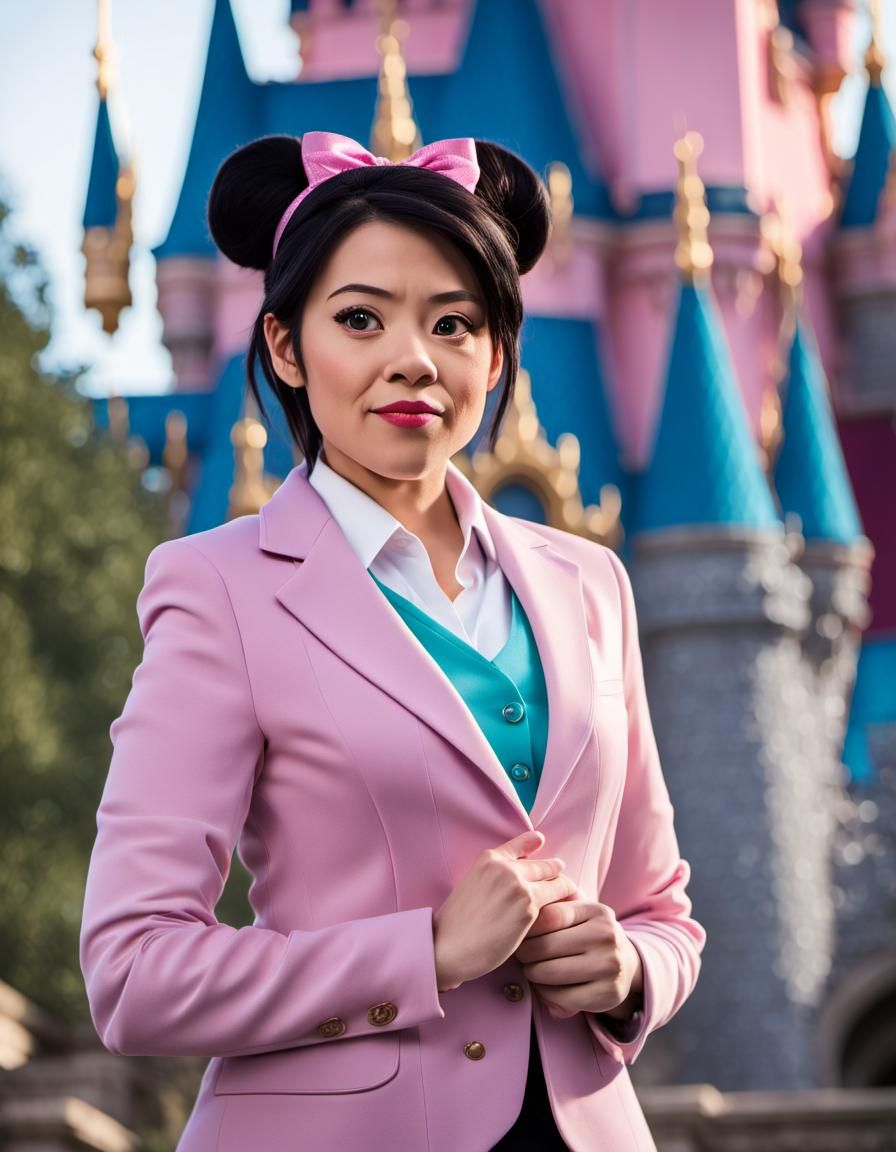 In a business suit in front of the Disney castle