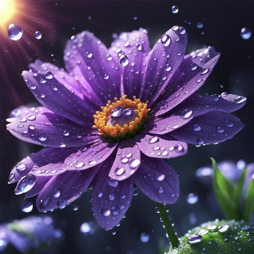 Purple Flower with Water Droplets: 3D Anime Art