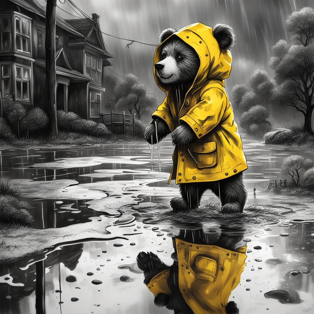 Teddy Bear in Raincoat: Black and White Ink Drawing
