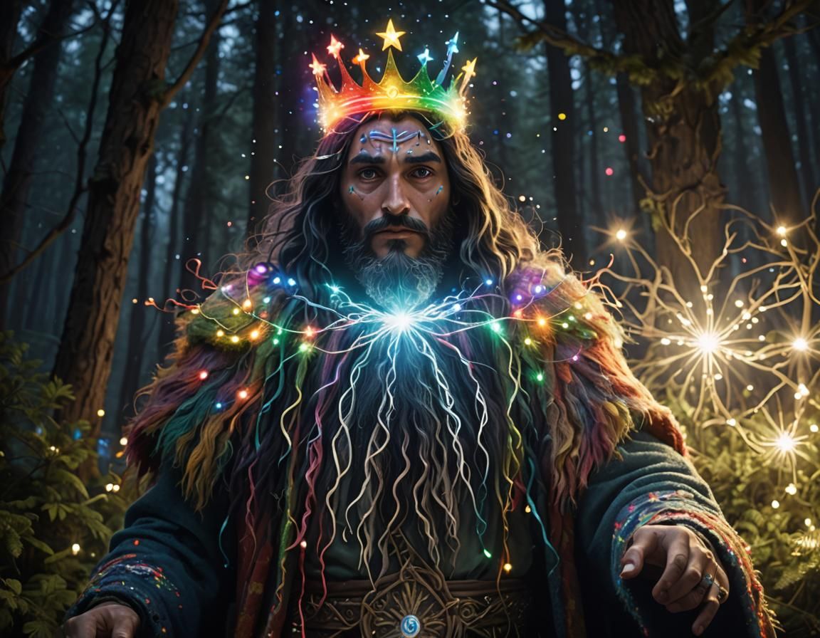 Forest Djinn with Christmas Lights and Monster