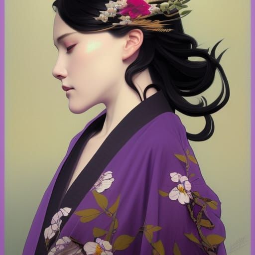 Woman in Kimono Portrait with Flower, Detailed Art
