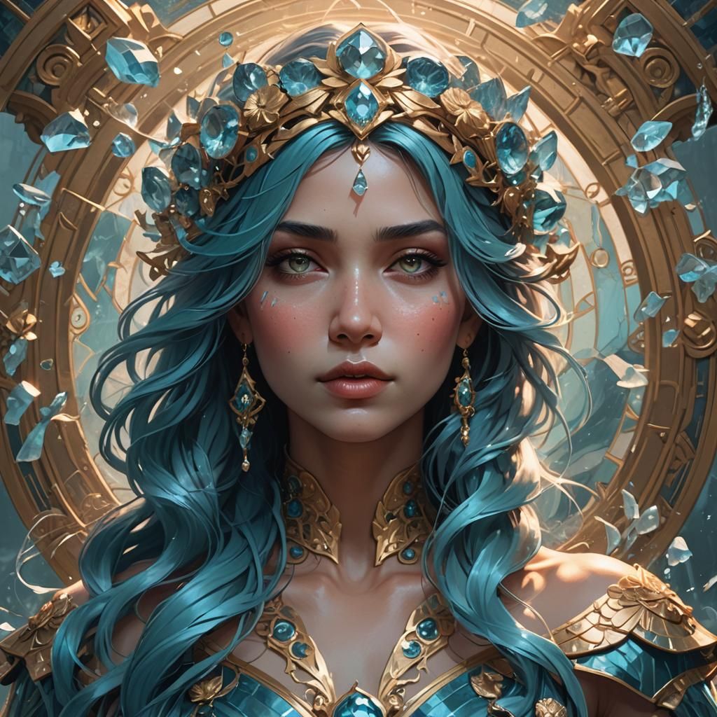 Aquamarine Goddess Portrait in Art Nouveau Style
