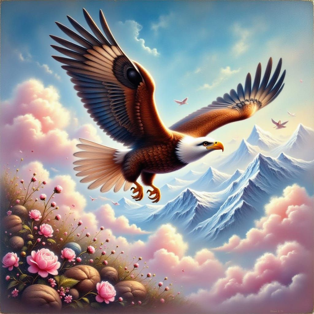 Elegant Eagle Soars Above Whimsical Clouds in Shimmering Gol...