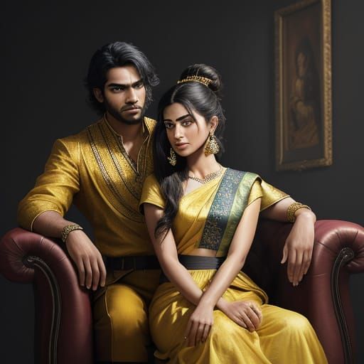 Indian Woman in Yellow Admonishes Man, Oil Painting