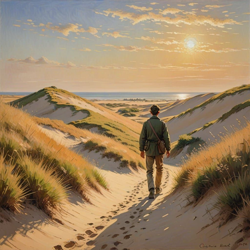Impressionist Boy Walking in Golden Dune Landscape