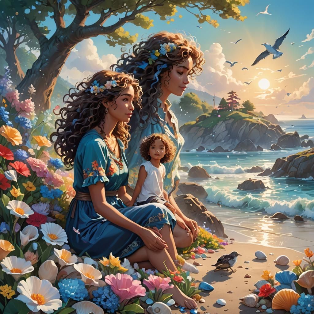 Seashore Scene: Mother Talking to the Sea in Fantasy Art